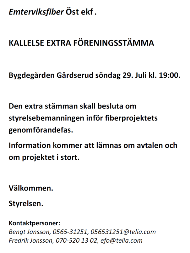 Kallelse Extra Föreningsstämma 29/7 kl 19